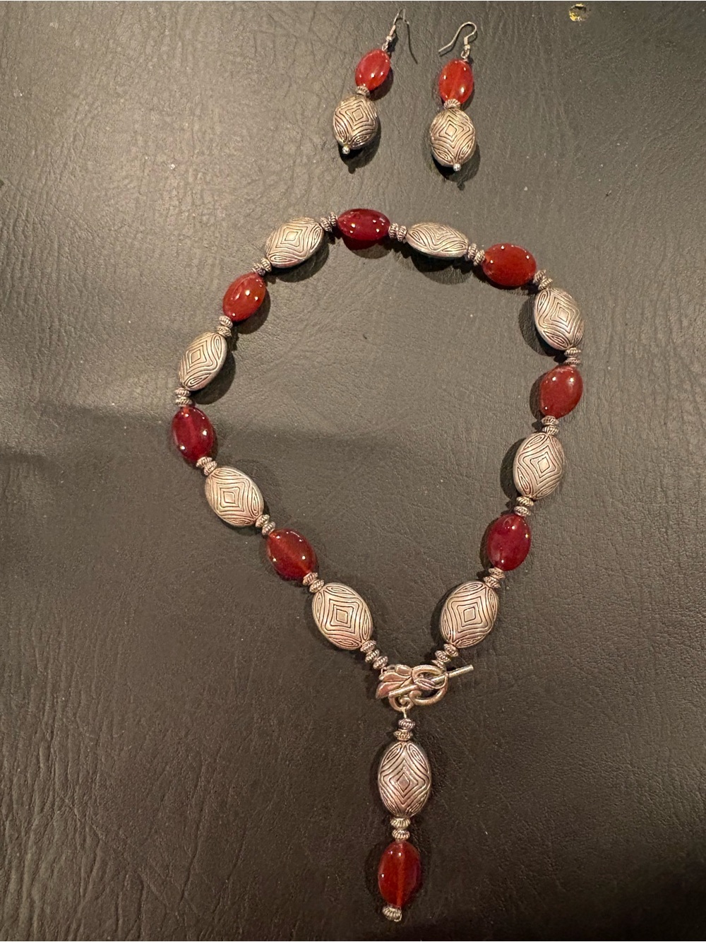 Red Beaded Necklace and Earring Set with Silver-Tone Patterned Accents
